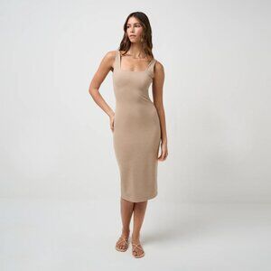 Travis Mathew Friday Ponte Midi Dress Heather Portabella Tan Sheath Dress Sz M